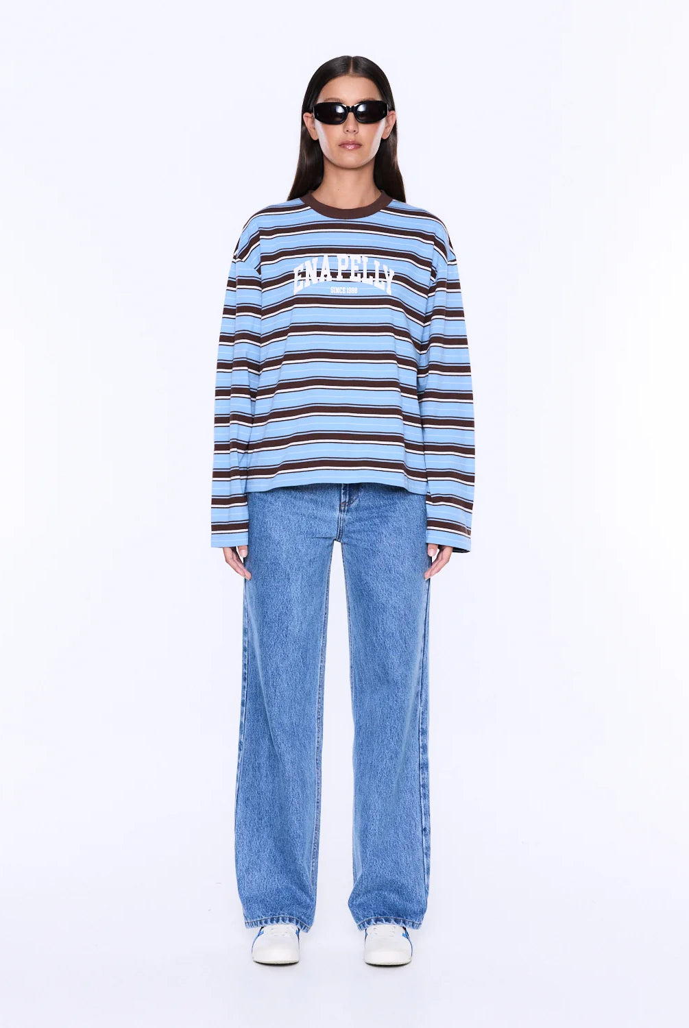 Ena Pelly - Maria Boxy Long Sleeve Tee (Blue/Brown Stripe) Ena Pelly