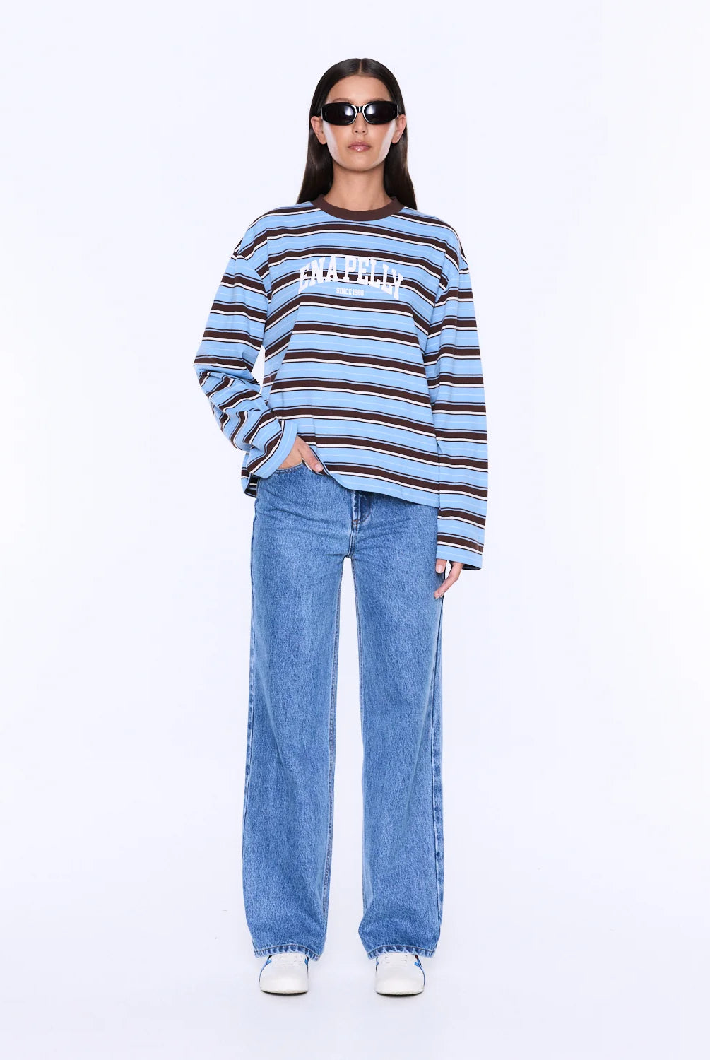 Ena Pelly - Maria Boxy Long Sleeve Tee (Blue/Brown Stripe) Ena Pelly