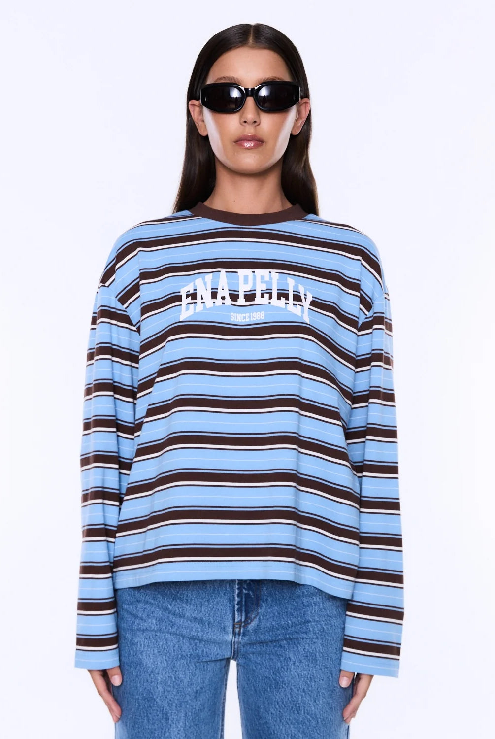 Ena Pelly - Maria Boxy Long Sleeve Tee (Blue/Brown Stripe) Ena Pelly