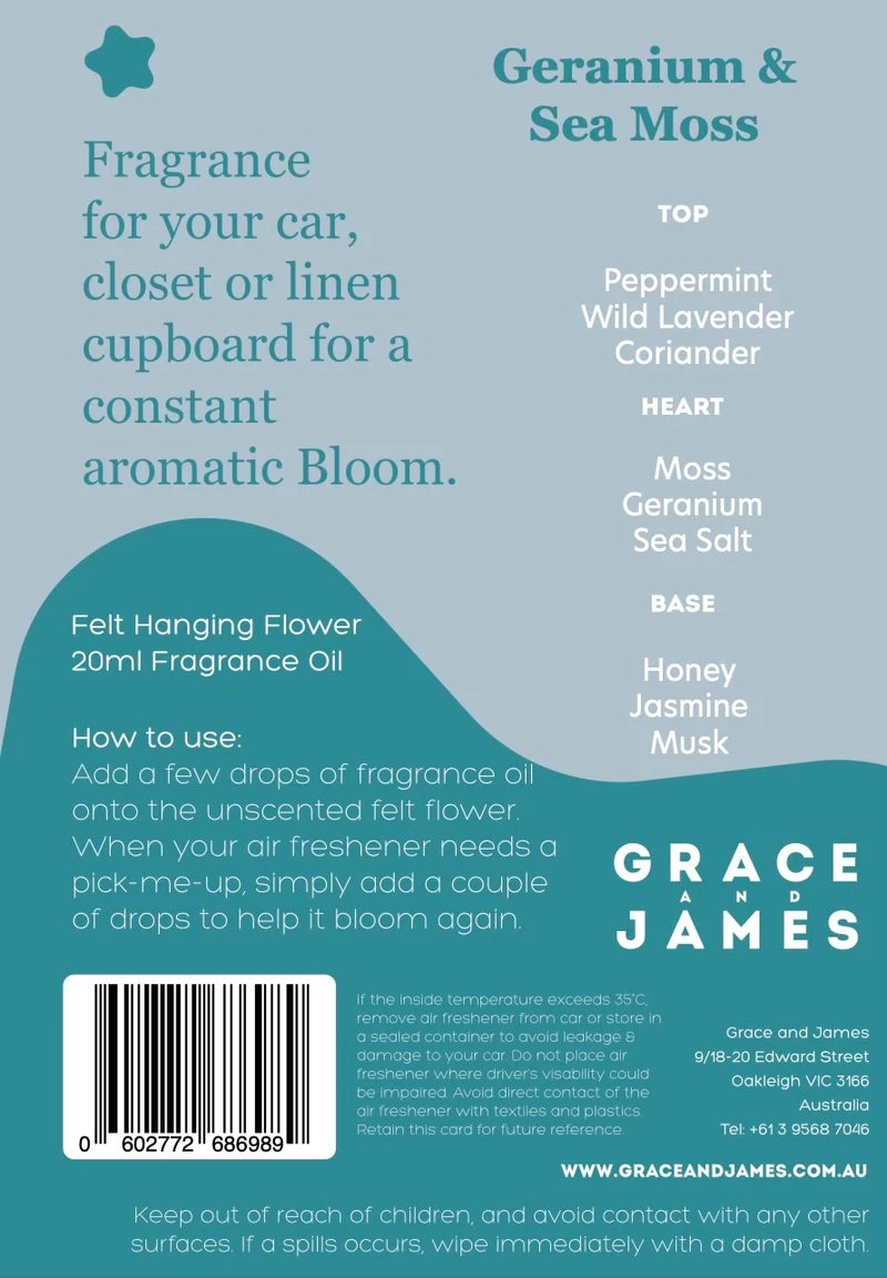 Grace and James- Bloom Collection (Geranium & Sea Moss) Air Freshener Grace and James