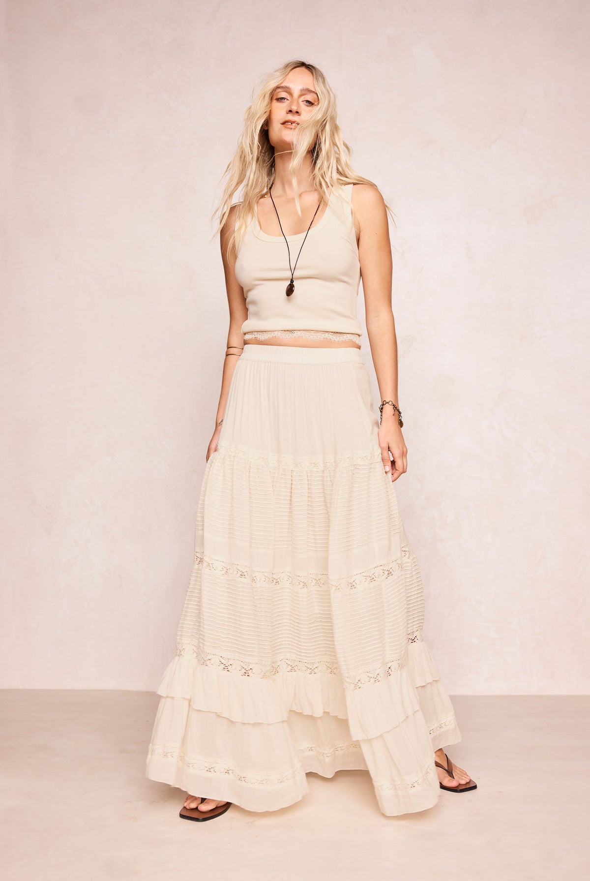 Spell - Ines Tiered Maxi Skirt (Light Sand) Spell