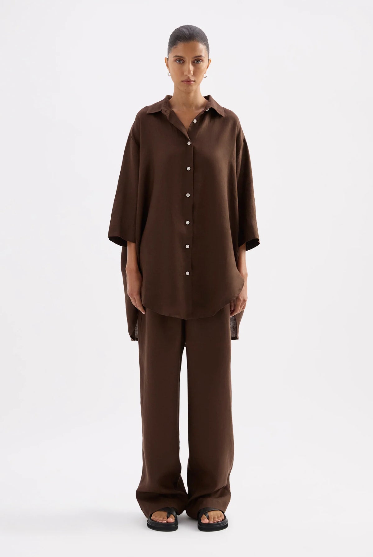 Nude Lucy - Lounge Linen Longline Shirt (Chocolate) Nude Lucy