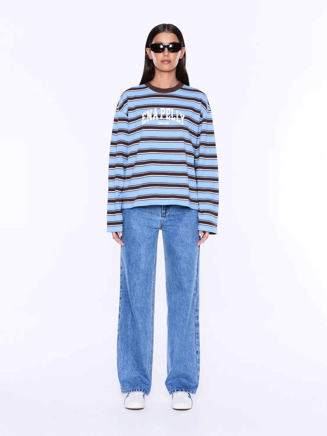 Ena Pelly - Maria Boxy Long Sleeve Tee (Blue/Brown Stripe) Ena Pelly