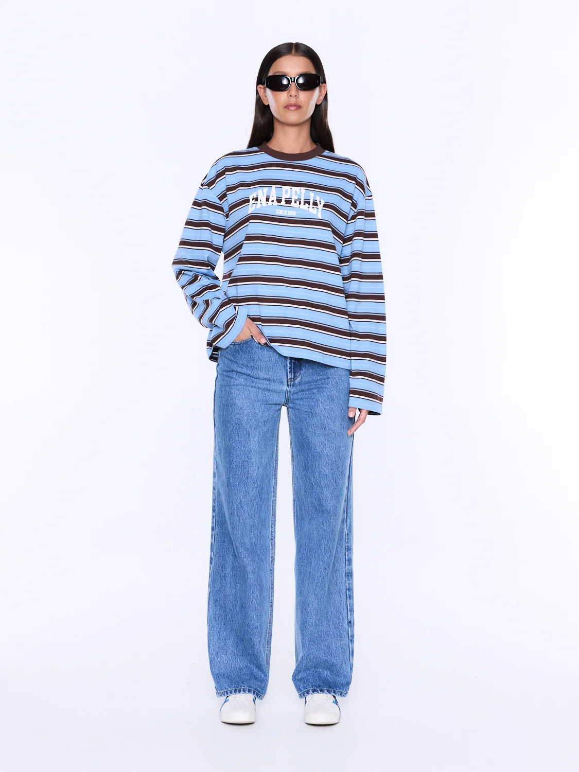Ena Pelly - Maria Boxy Long Sleeve Tee (Blue/Brown Stripe) Ena Pelly