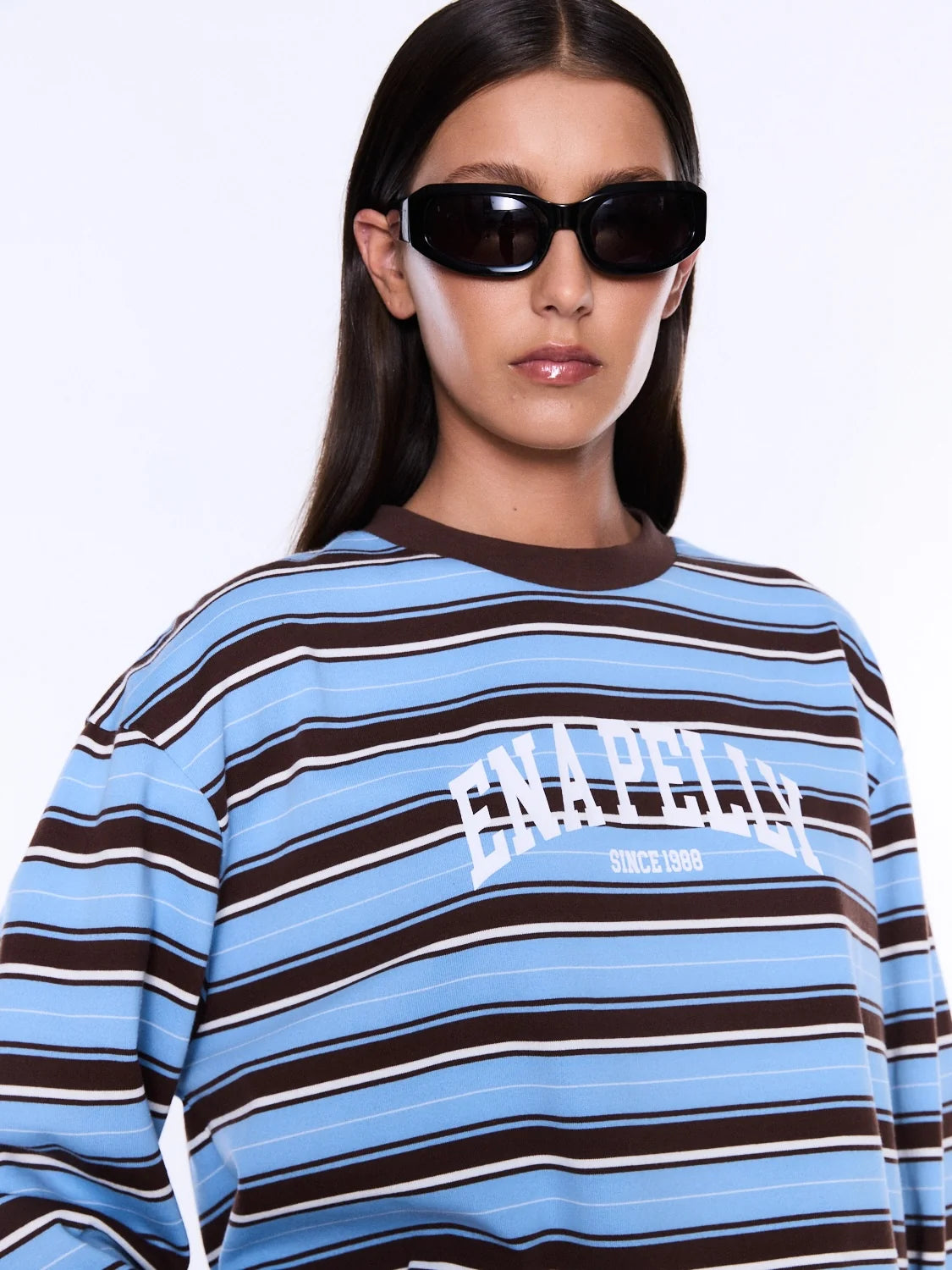 Ena Pelly - Maria Boxy Long Sleeve Tee (Blue/Brown Stripe) Ena Pelly