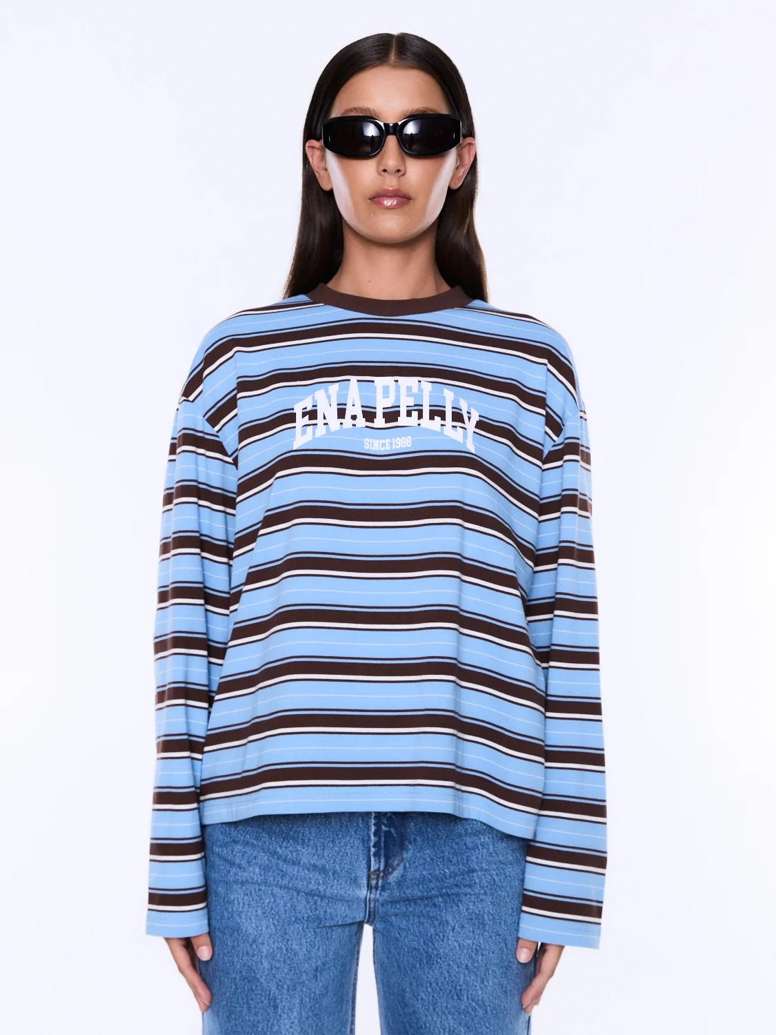 Ena Pelly - Maria Boxy Long Sleeve Tee (Blue/Brown Stripe) Ena Pelly