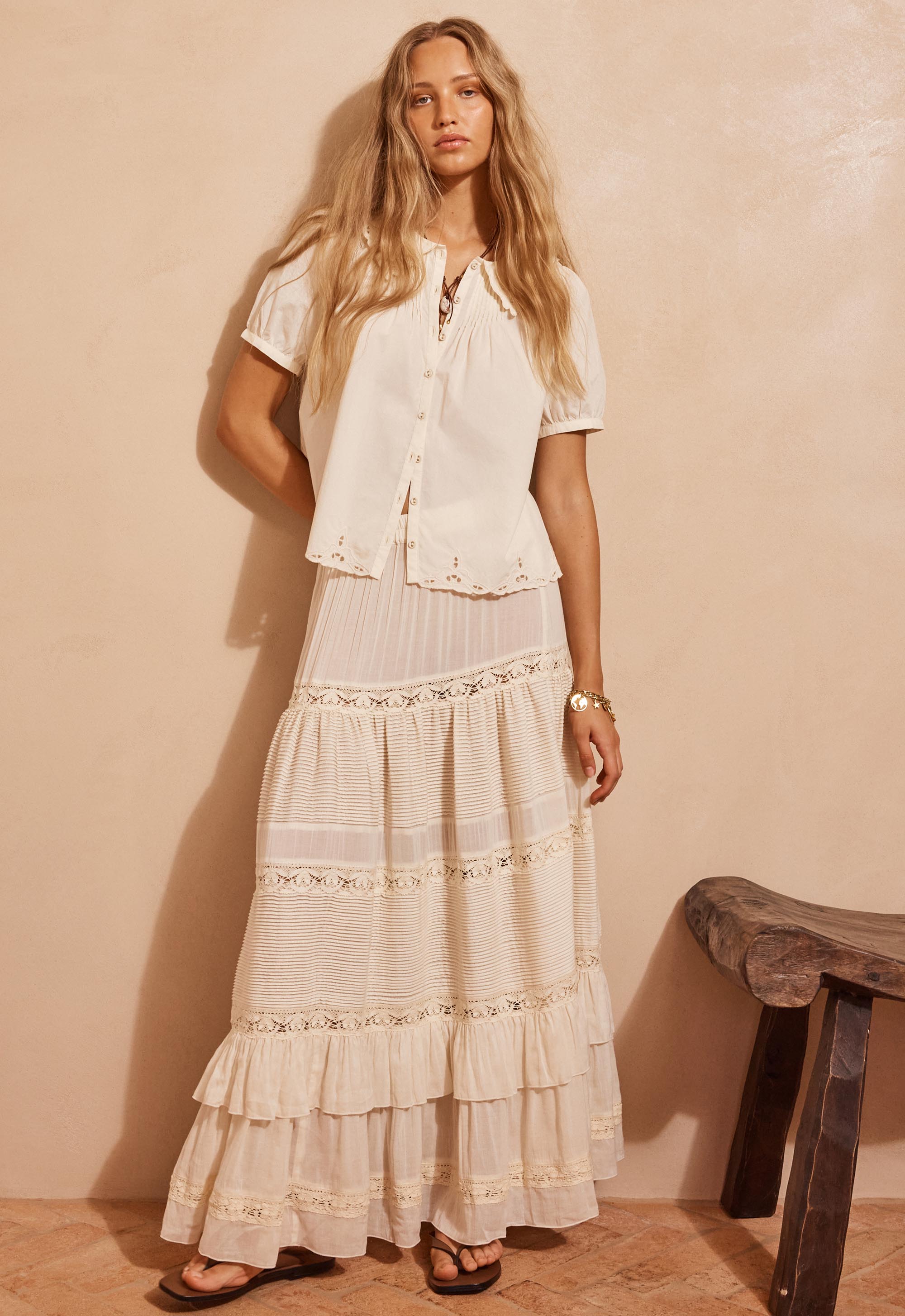 Spell - Ines Tiered Maxi Skirt (Light Sand) Spell