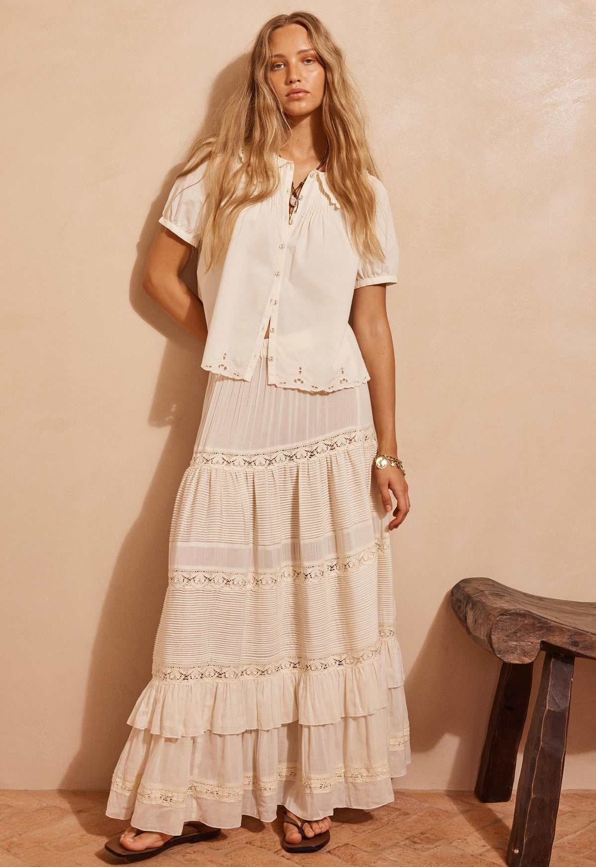 Spell - Ines Tiered Maxi Skirt (Light Sand) Spell