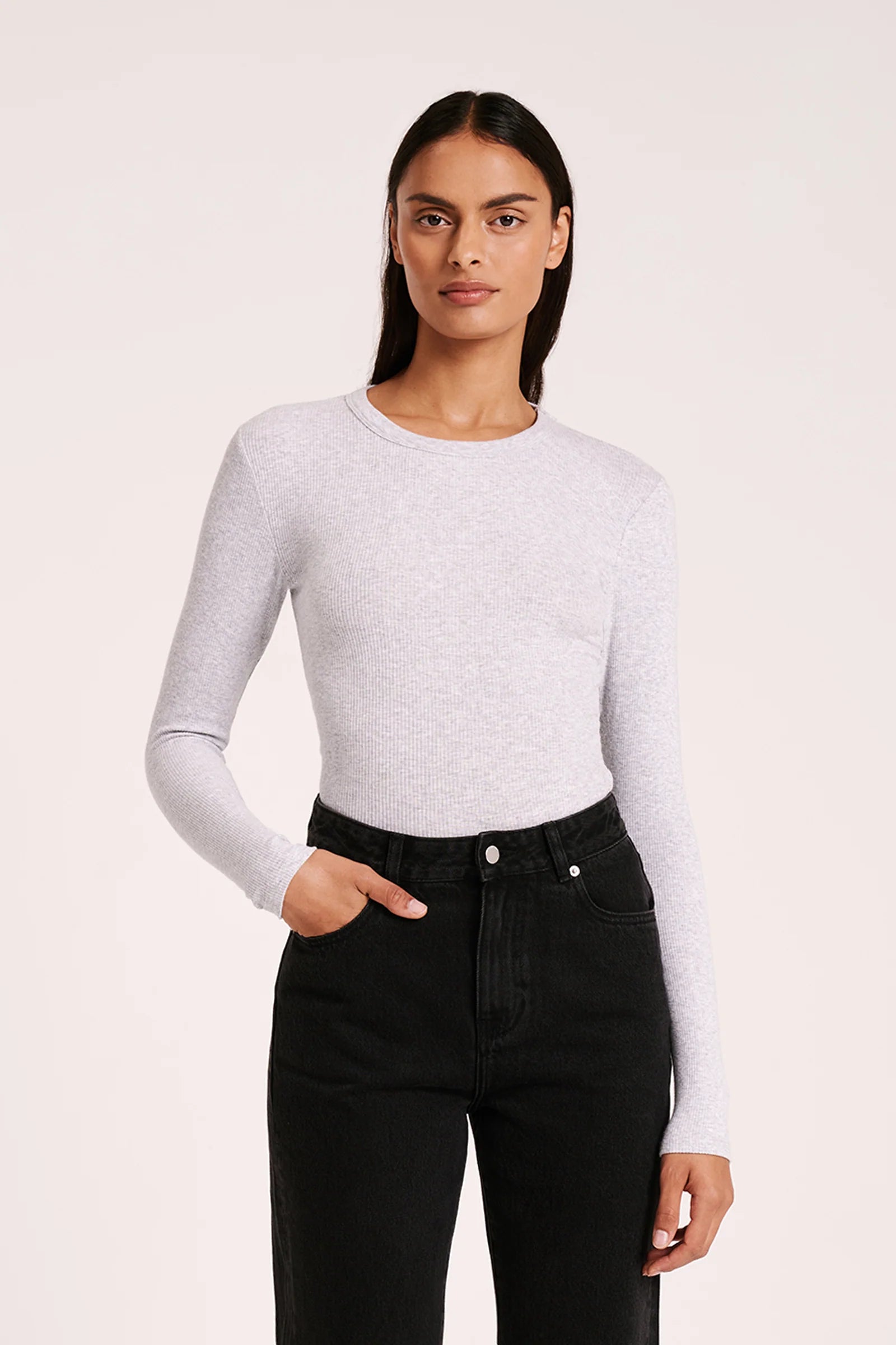 Ls- nude imagesize:209 Nude Lucy - Organic Rib LS Tee (Grey Marle) – Dear Blackbird Boutique