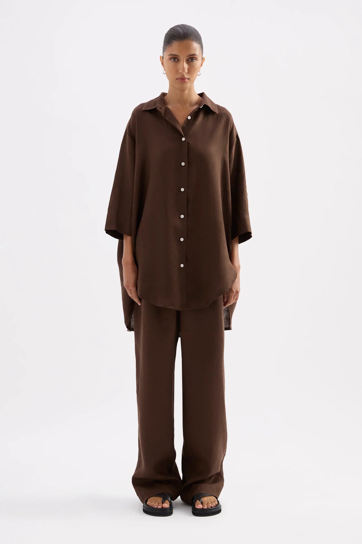 Nude Lucy - Lounge Linen Longline Shirt (Chocolate) Nude Lucy